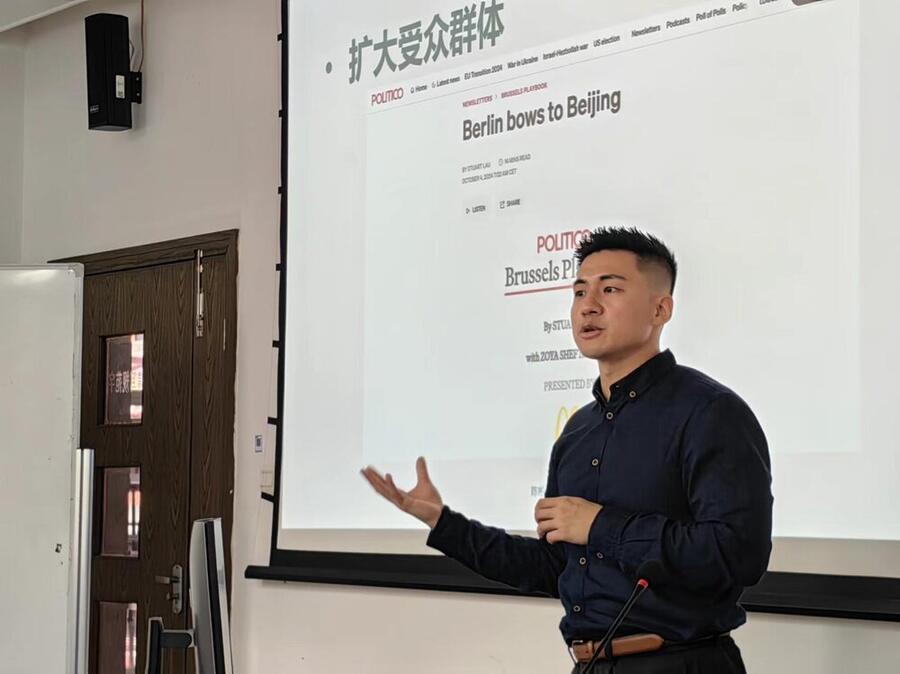 Bin Chen presenting research on China-Europe media relations, referencing a Politico article on screen